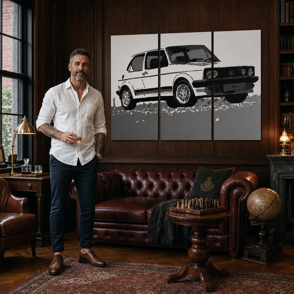 Umělecké dílo s černobílým automobilem visí v moderním interiéru nad dřevěnou konzolí s vázou a svíčkou, Papilora.