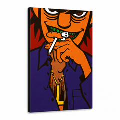 Ručně malovaný obraz POP Art Gorillaz 1 kus gor – 3D vizualizace ručně malovaného plátna na bílém pozadí. Dominantní barvy: oranžová, černá, fialová, červená, žlutá.