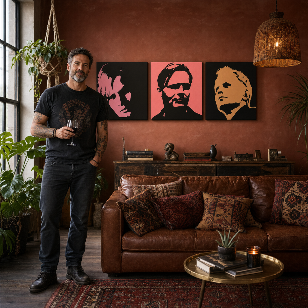 Ručně malovaný obraz POP Art Herbert Grônemeyer 3 díly hg – obraz v moderním mužském interiéru, lifestyle vizualizace. Dominantní barvy: černá, růžová, oranžová.