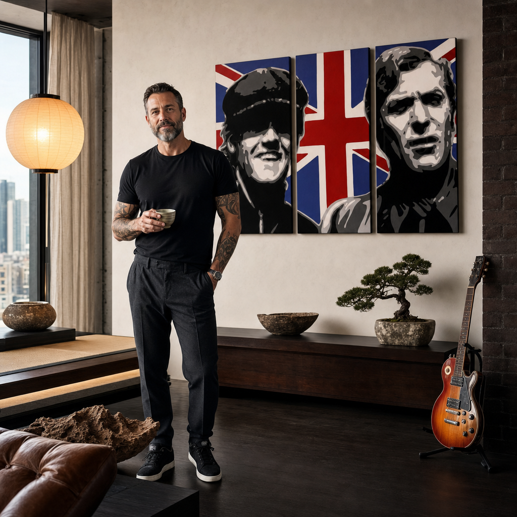 Ručně malovaný obraz POP Art Italian Job 3 díly ij – obraz v moderním mužském interiéru, lifestyle vizualizace. Dominantní barvy: černá, bílá, modrá, červená, hnědá.