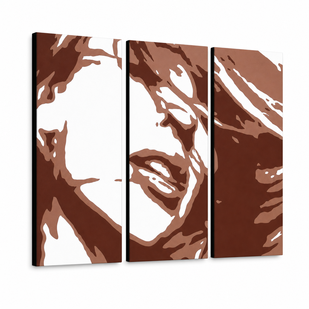 Ručně malovaný obraz POP Art Kylie Minogue, 3 díly – 3D vizualizace ručně malovaného plátna na bílém pozadí. Dominantní barvy: hnědá, bílá, oranžová.