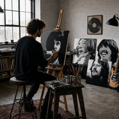 Ručně malovaný obraz POP Art Kylie Minogue, 3 díly – Papilora ateliér – ruční malování POP Art plátna. Dominantní barvy: hnědá, bílá, oranžová.