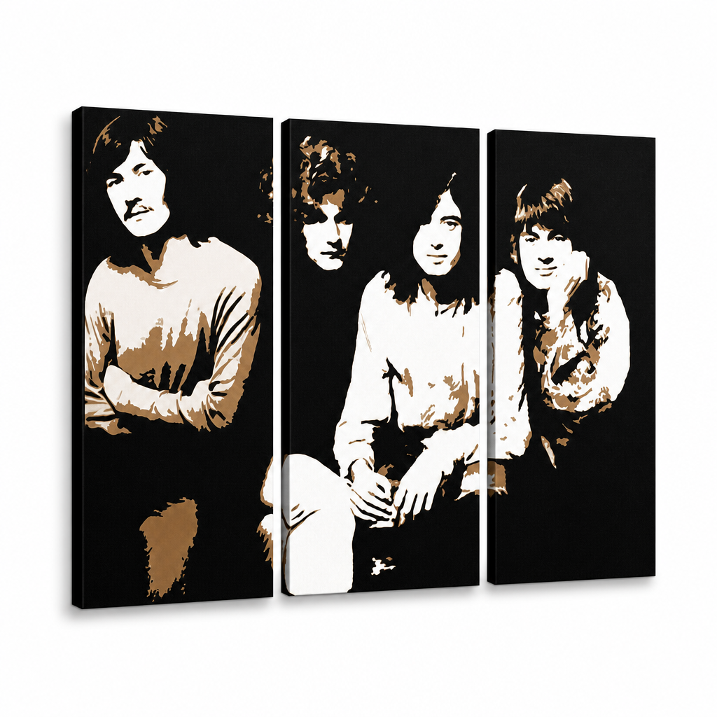 Ručně malované plátno zobrazuje členy kapely Led Zeppelin v černých a hnědých tónech, s viditelným dřevěným rámem Papilora.