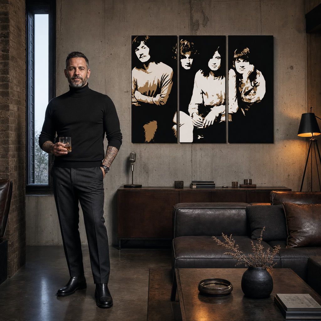 Obraz s portréty členů Led Zeppelin v černobílém provedení visí v moderním interiéru nad dřevěnou konzolí s vázou a svíčkou Papilora.