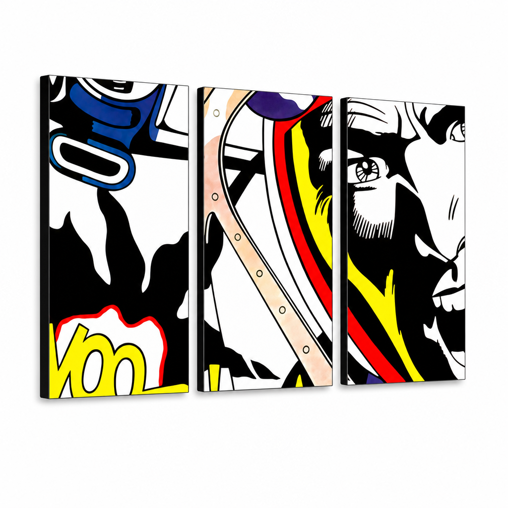Ručně malovaný obraz POP Art LICHTENSTEIN 3 dílná li – 3D vizualizace ručně malovaného plátna na bílém pozadí. Dominantní barvy: černá, žlutá, červená, modrá, bílá.