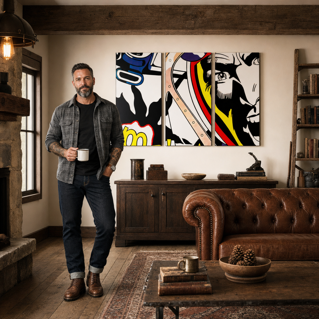 Ručně malovaný obraz POP Art LICHTENSTEIN 3 dílná li – obraz v moderním mužském interiéru, lifestyle vizualizace. Dominantní barvy: černá, žlutá, červená, modrá, bílá.