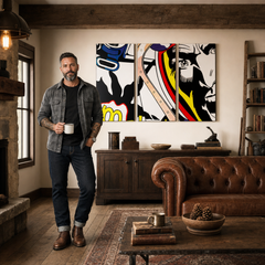 Ručně malovaný obraz POP Art LICHTENSTEIN 3 dílná li – obraz v moderním mužském interiéru, lifestyle vizualizace. Dominantní barvy: černá, žlutá, červená, modrá, bílá.