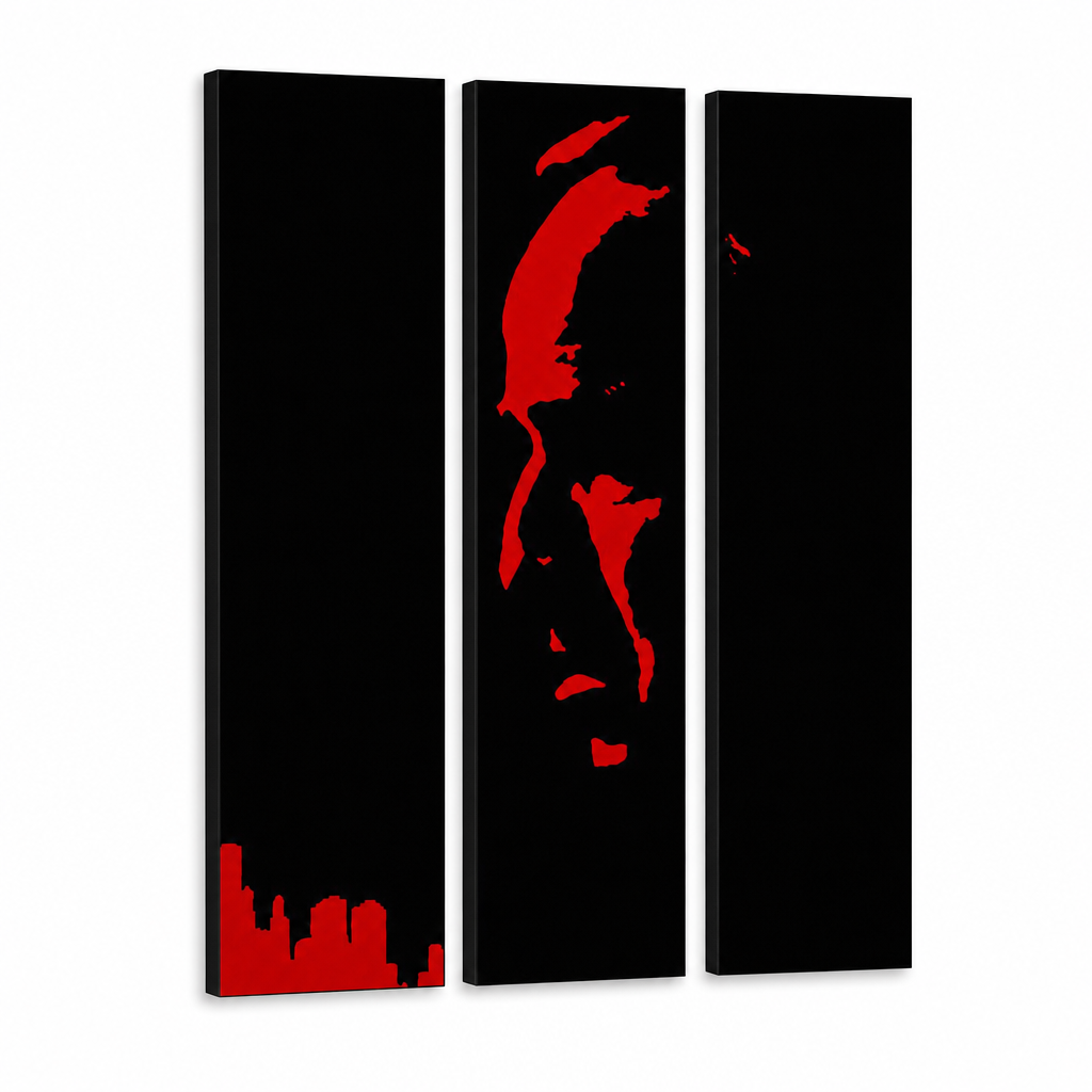 Ručně malovaný obraz POP Art Marlon Brando 3 kusy bez kosti – 3D vizualizace ručně malovaného plátna na bílém pozadí. Dominantní barvy: černá, červená.