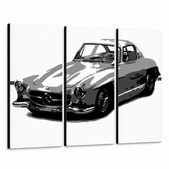 Ručně malované plátno s černobílým zobrazením historického automobilu, viditelný dřevěný rám Papilora.