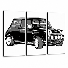 Ručně malované plátno s černobílým motivem klasického vozu Mini Cooper, viditelné na dřevěném rámu, Papilora.