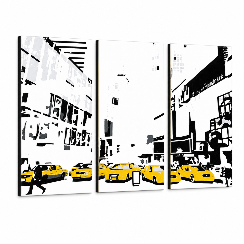 Ručně malovaný obraz POP Art NEW YORK 3 díly 0107 nyc – 3D vizualizace ručně malovaného plátna na bílém pozadí. Dominantní barvy: žlutá, černá, bílá.