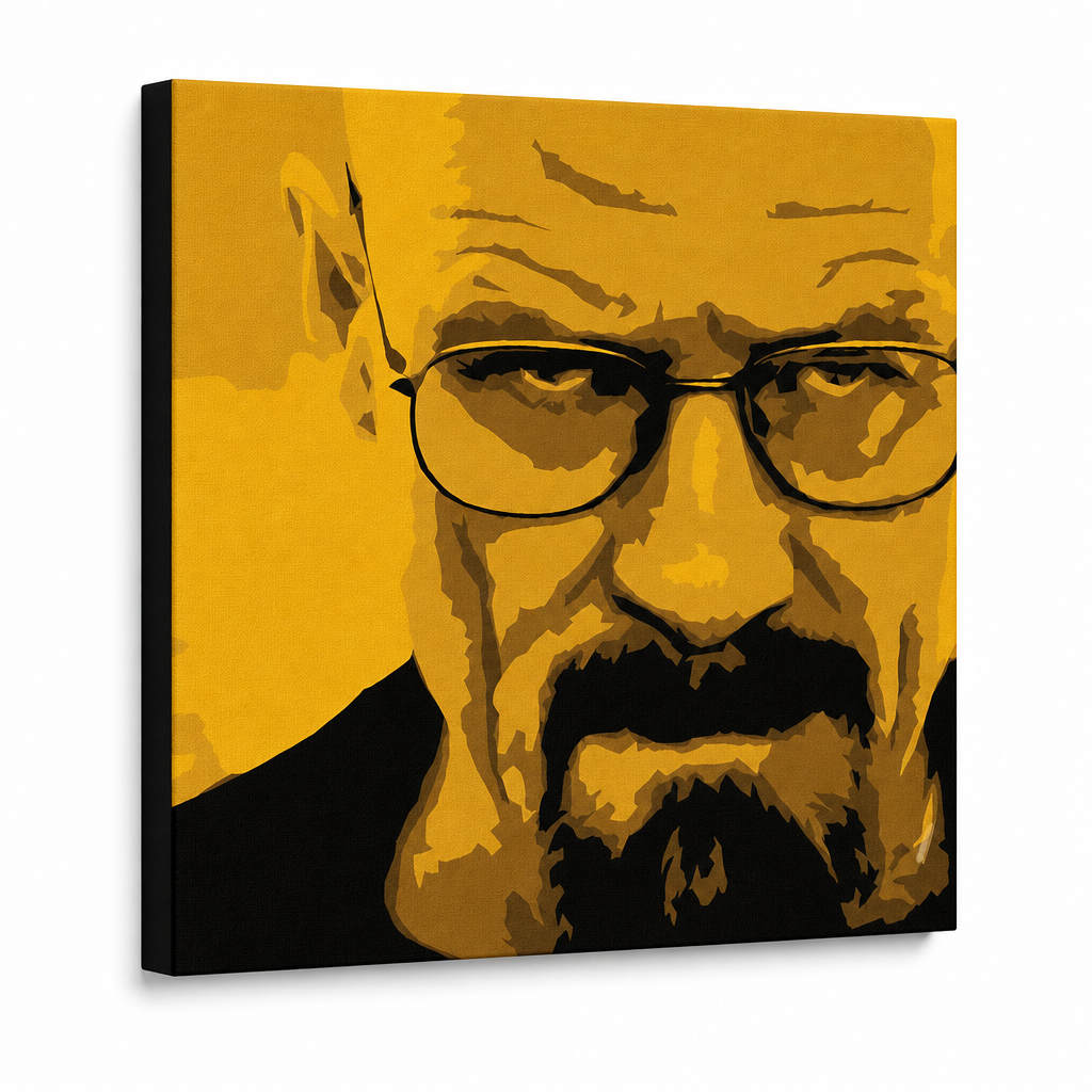 Ručně malovaný obraz POP Art Perníkový táta 4 díly – 3D vizualizace ručně malovaného plátna na bílém pozadí. Dominantní barvy: žlutá, černá, hnědá.