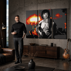 Ručně malovaný obraz POP Art Rambo 3dílný beran – obraz v moderním mužském interiéru, lifestyle vizualizace. Dominantní barvy: černá, oranžová, bílá, červená, šedá.