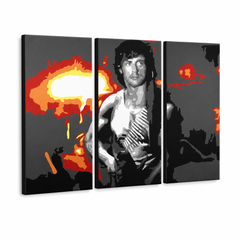 Ručně malovaný obraz POP Art Rambo 3dílný beran – 3D vizualizace ručně malovaného plátna na bílém pozadí. Dominantní barvy: černá, oranžová, bílá, červená, šedá.