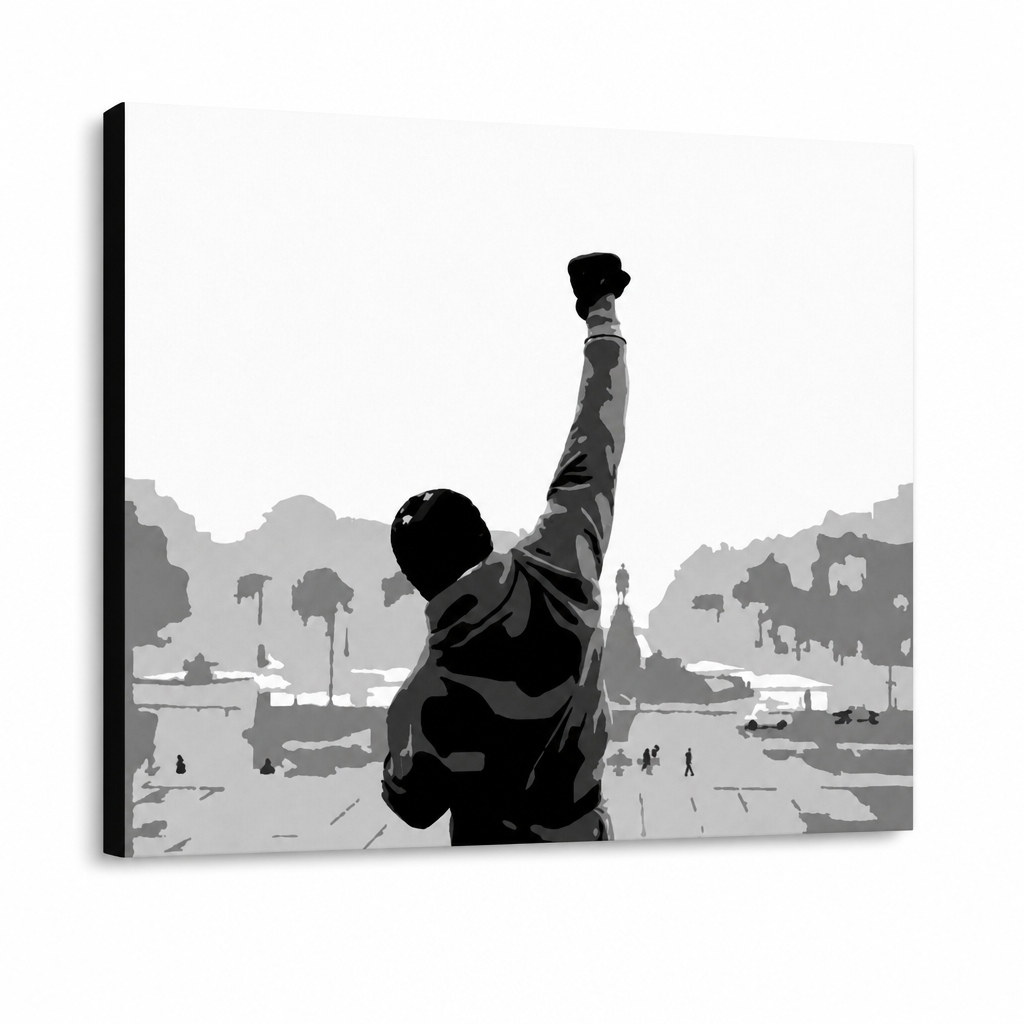 Ručně malovaný obraz POP Art ROCKY 1 kus rocky – 3D vizualizace ručně malovaného plátna na bílém pozadí. Dominantní barvy: černá, bílá, šedá.