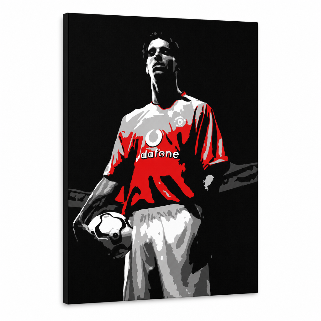 Ručně malovaný obraz POP Art Ruud van Nistelrooy 1 kus rvn – 3D vizualizace ručně malovaného plátna na bílém pozadí. Dominantní barvy: černá, červená, bílá, šedá.