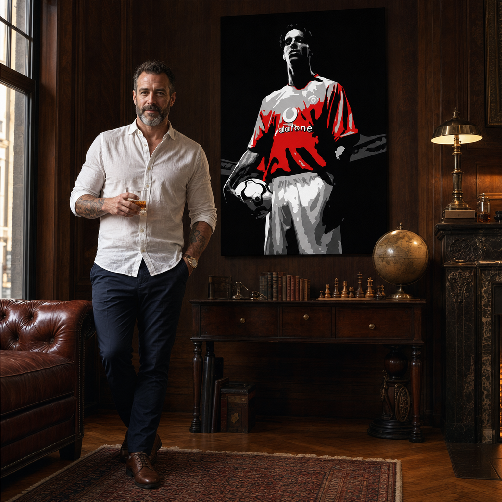 Ručně malovaný obraz POP Art Ruud van Nistelrooy 1 kus rvn – obraz v moderním mužském interiéru, lifestyle vizualizace. Dominantní barvy: černá, červená, bílá, šedá.