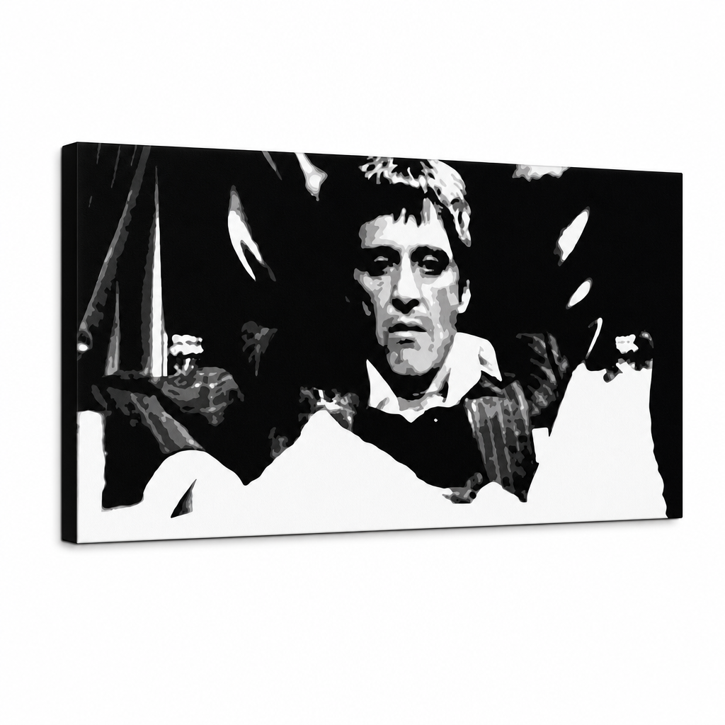 Ručně malovaný obraz POP Art Scarface 1 díl smk – 3D vizualizace ručně malovaného plátna na bílém pozadí. Dominantní barvy: černá, bílá, šedá.