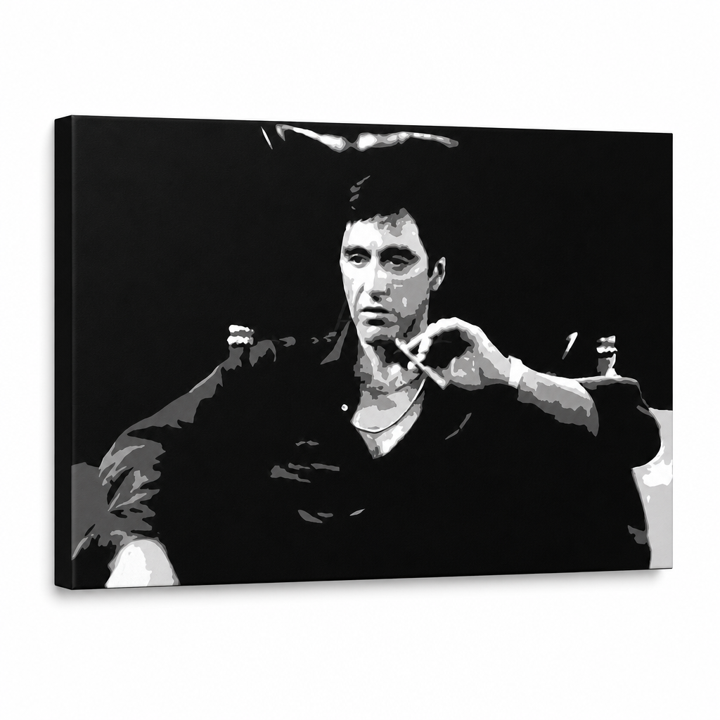 Ručně malovaný obraz POP Art Scarface 1 kus smz – 3D vizualizace ručně malovaného plátna na bílém pozadí. Dominantní barvy: černá, bílá, šedá.