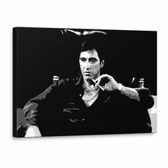 Ručně malovaný obraz POP Art Scarface 1 kus smz – 3D vizualizace ručně malovaného plátna na bílém pozadí. Dominantní barvy: černá, bílá, šedá.