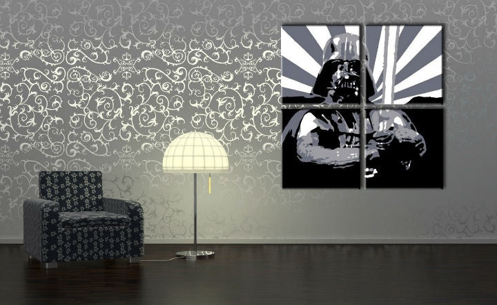Detailní náhled kompozice s ikonickým motivem Darth Vadera v černé, bílé a šedé barvě Papilora.