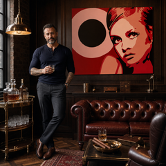 Obraz s výrazným pop-art portrétem ženy v červených odstínech visí v moderním interiéru nad dřevěnou konzolí s vázou a svíčkou, Papilora.