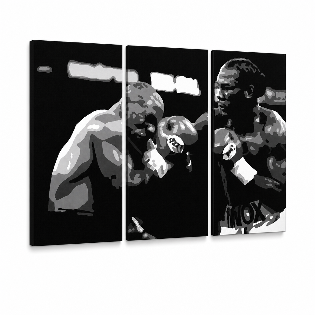 Ručně malovaný obraz POP Art Tyson vs. Lewis, 3dílná krabička – 3D vizualizace ručně malovaného plátna na bílém pozadí. Dominantní barvy: černá, bílá, šedá.
