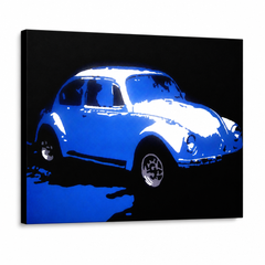 Ručně malovaný obraz POP Art Volkswagen Beetle 1 díl k – 3D vizualizace ručně malovaného plátna na bílém pozadí. Dominantní barvy: modrá, bílá, černá.