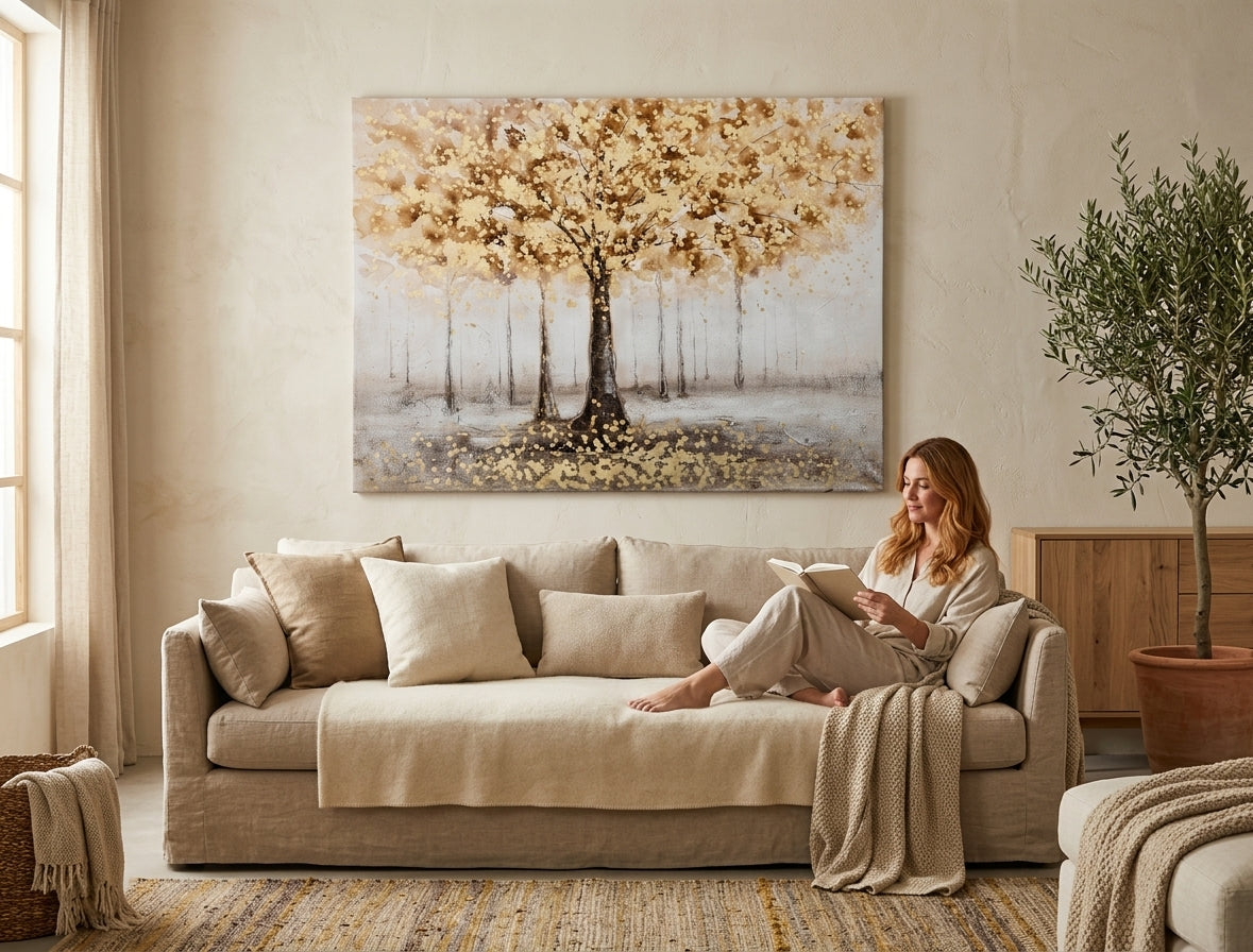 Velký ručně malovaný obraz STROM 120x90 cm v moderním obývacím pokoji, dodávající interiéru přírodní eleganci s béžovými a zlatými akcenty.