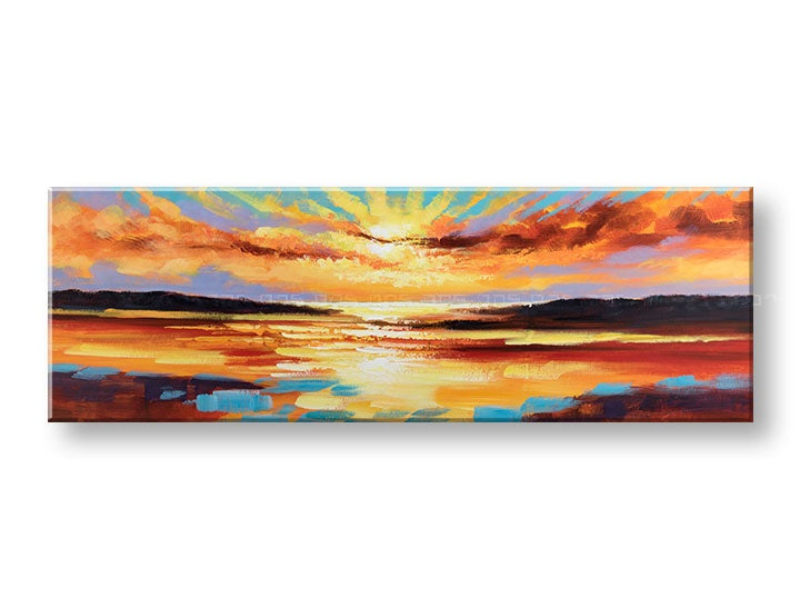 Papilora ručně malovaný obraz Západ slunce 150x50 cm z perspektivy 3D plátna. Zářivé odstíny oranžové, červené a modré barvy vytvářejí dramatickou scenérii.