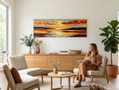 Moderní ručně malovaný obraz Západ slunce 150x50 cm visící v elegantním obývacím pokoji. Teplé barvy západu slunce harmonicky doplňují interiér.