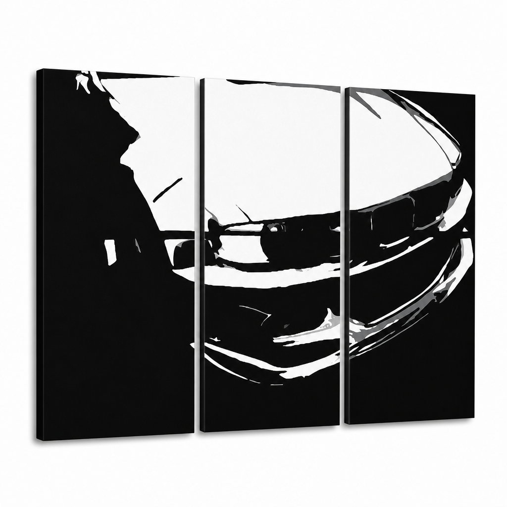 Umělecké dílo na plátně zobrazuje černobílý abstraktní pohled na přední část automobilu, s viditelným dřevěným rámem Papilora.
