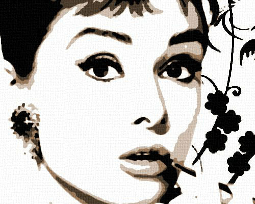 Detailní pohled na ručně malovaný obraz Audrey Hepburn, s viditelnou texturou a kompozicí, Papilora.
