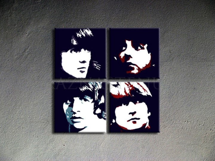 Ručně malované plátno s portréty členů kapely The Beatles v bílé, černé a červené barvě, napnuté na dřevěném rámu, Papilora.
