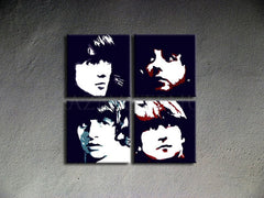 Ručně malované plátno s portréty členů kapely The Beatles v bílé, černé a červené barvě, napnuté na dřevěném rámu, Papilora.