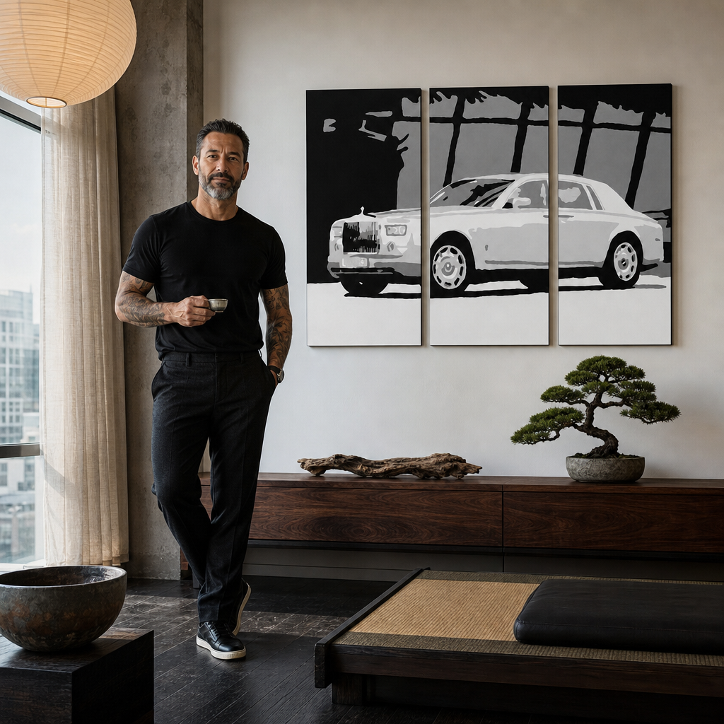 Umělecké dílo s motivem luxusního automobilu Rolls-Royce v černo-bílém provedení visí v moderním interiéru nad dřevěnou konzolí s vázou a svíčkou, Papilora.