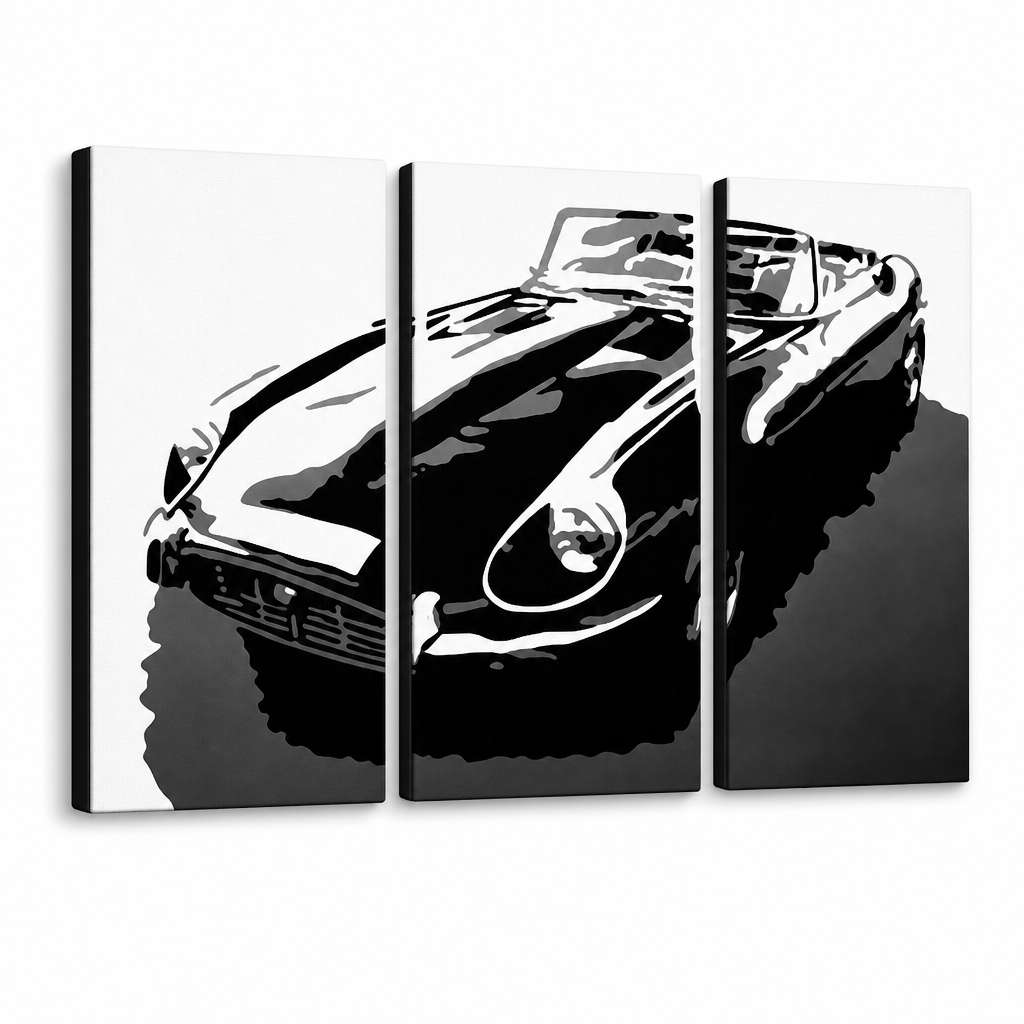 Ručně malovaný POP Art obraz JAGUAR 3 dílný jag – 3D vizualizace ručně malovaného plátna na bílém pozadí. Dominantní barvy: černá, bílá, šedá.