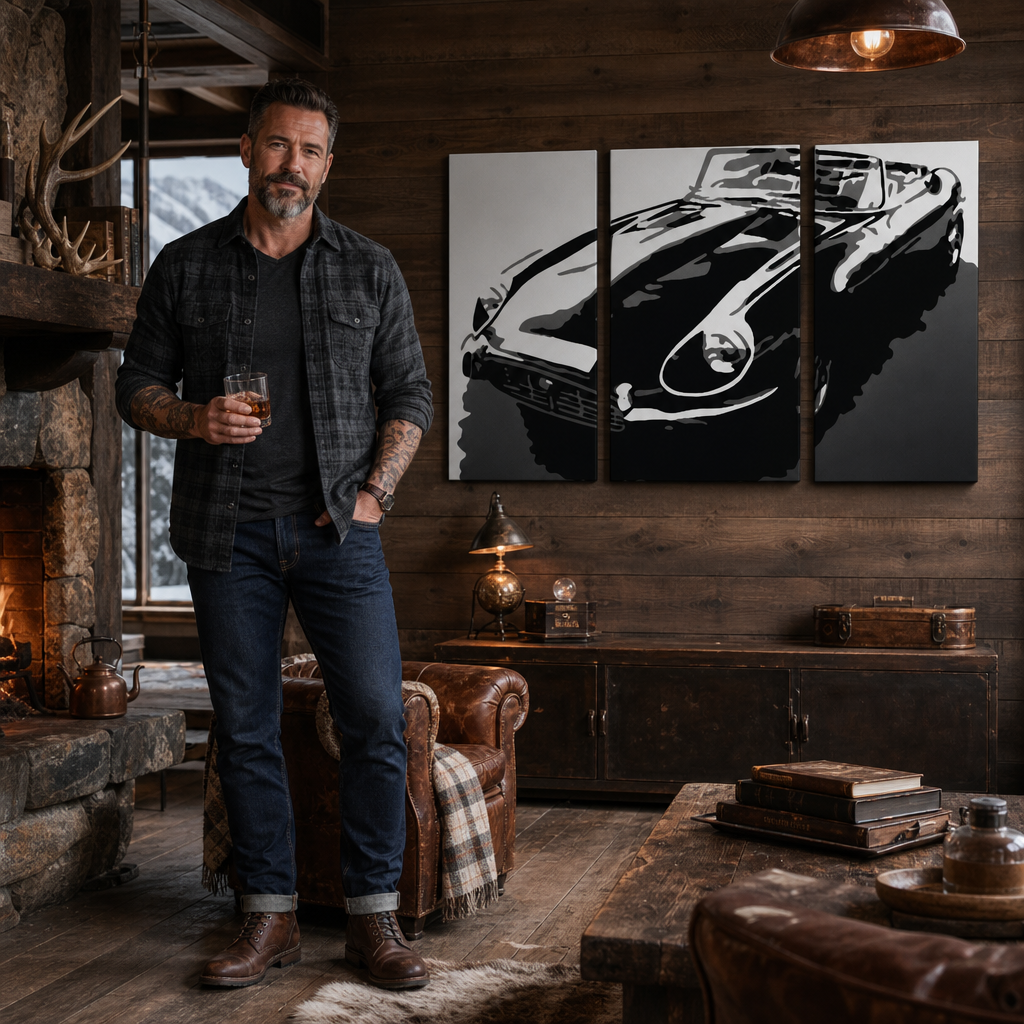 Ručně malovaný POP Art obraz JAGUAR 3 dílný jag – obraz v moderním mužském interiéru, lifestyle vizualizace. Dominantní barvy: černá, bílá, šedá.