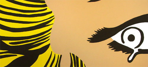 Detailní pohled na ručně malované plátno s pop-art motivem plačící ženy, zvýrazňující texturu a kompozici s výraznými černými konturami Papilora.