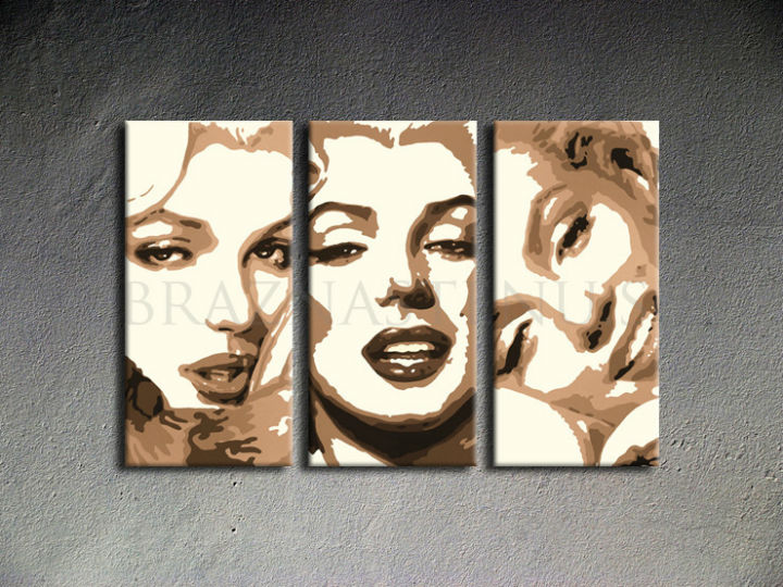 Ručně malované plátno s triptychom portrétů Marilyn Monroe v béžových a hnědých tónech, s viditelným dřevěným rámem, Papilora.