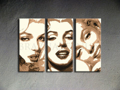 Ručně malované plátno s triptychom portrétů Marilyn Monroe v béžových a hnědých tónech, s viditelným dřevěným rámem, Papilora.