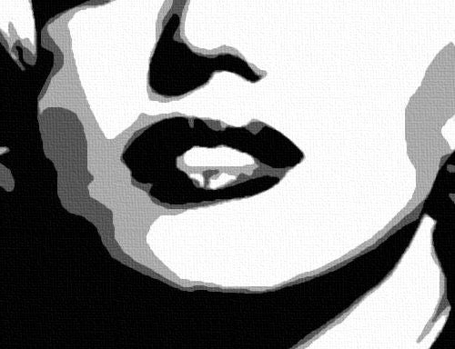 Detailní záběr na umělecké dílo odhaluje texturu a kompozici černobílého portrétu Marilyn Monroe, zdůrazňující její ikonický vzhled Papilora.