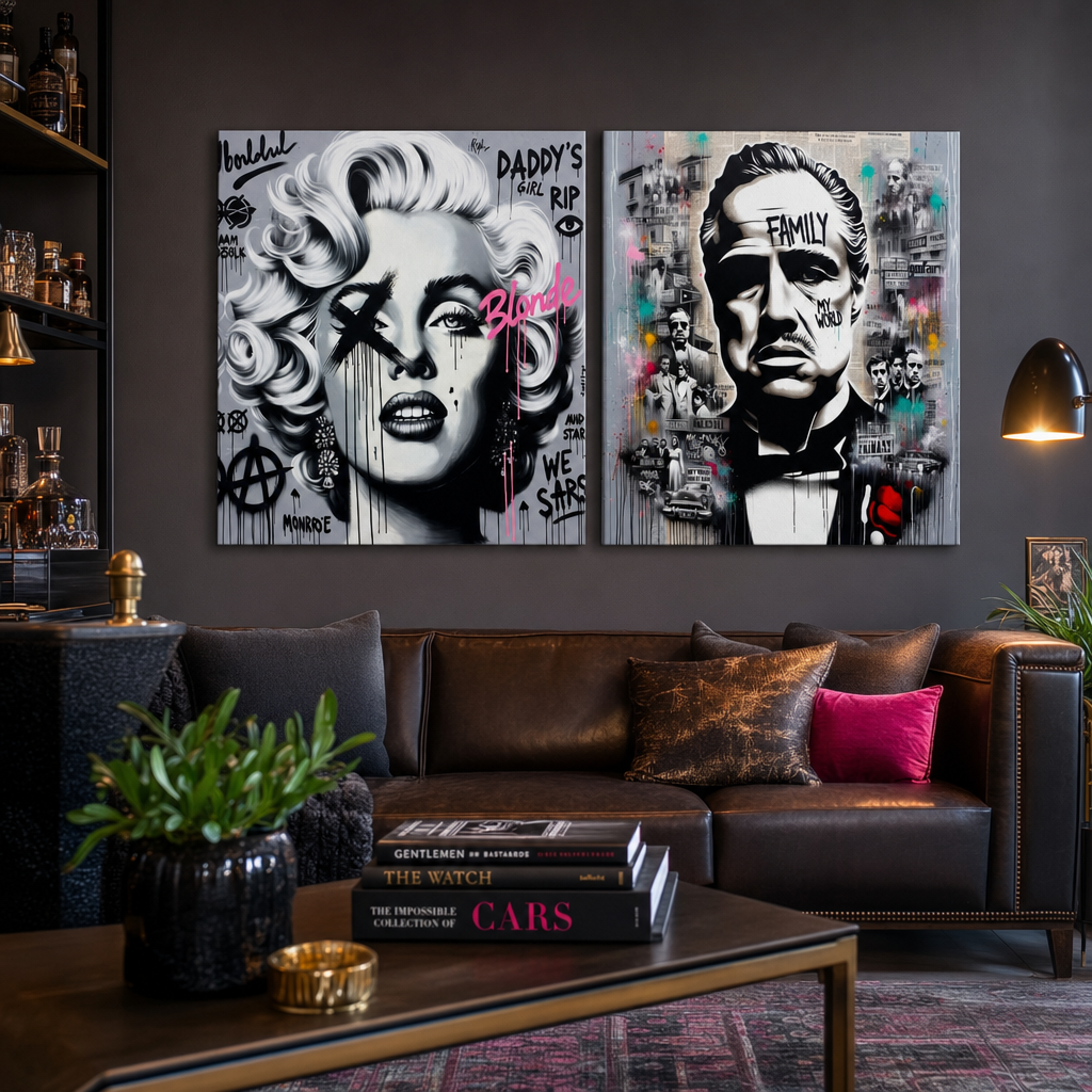 Sada 2 obrazů Filmové ikony od Papilora nad pohovkou v obývacím pokoji – Marilyn Monroe a Kmotr v černobílém pop-art stylu.