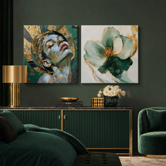 Diptych Smaragdová Elegance: elegantní interiér s obrazy nad komodou v smaragdově-zlaté paletě.