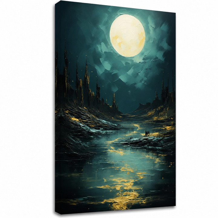 Obraz Měsíc nad tajemnými skalami – noční zlato-tyrkysová scéna. 3D canvas plátno ručně dotvořené akrylem.