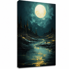 Obraz Měsíc nad tajemnými skalami – noční zlato-tyrkysová scéna. 3D canvas plátno ručně dotvořené akrylem.
