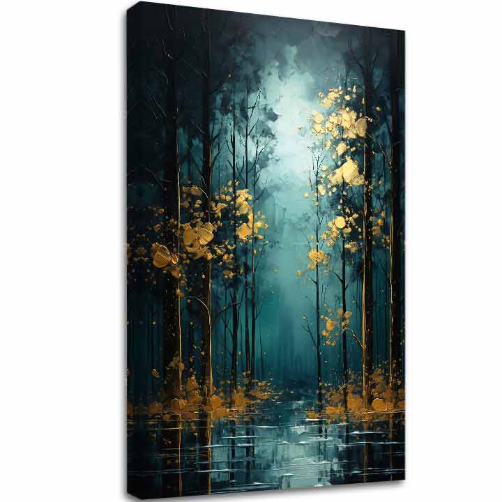 Obraz Zlatá listová fantazie – zlatý les v tyrkysové noci. 3D canvas plátno ručně dotvořené akrylem.