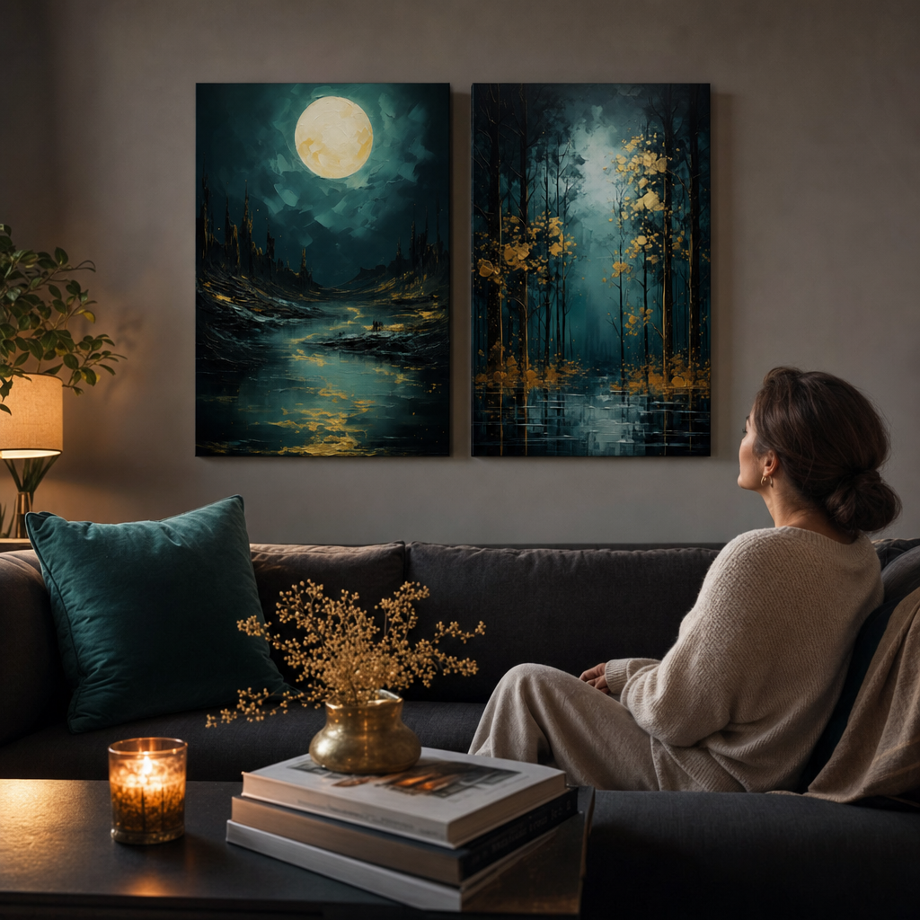 Sada 2 obrazů Zlatá příroda Papilora: Měsíc a Zlatá listová fantazie. Diptych na plátně nad pohovkou v obývacím pokoji.