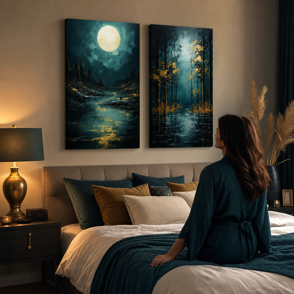 Sada 2 obrazů Zlatá příroda: Měsíc a Zlatá listová fantazie. Prémiový diptych na plátně nad postelí v elegantní ložnici.