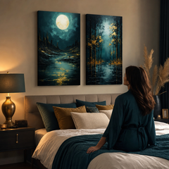 Sada 2 obrazů Zlatá příroda: Měsíc a Zlatá listová fantazie. Prémiový diptych na plátně nad postelí v elegantní ložnici.